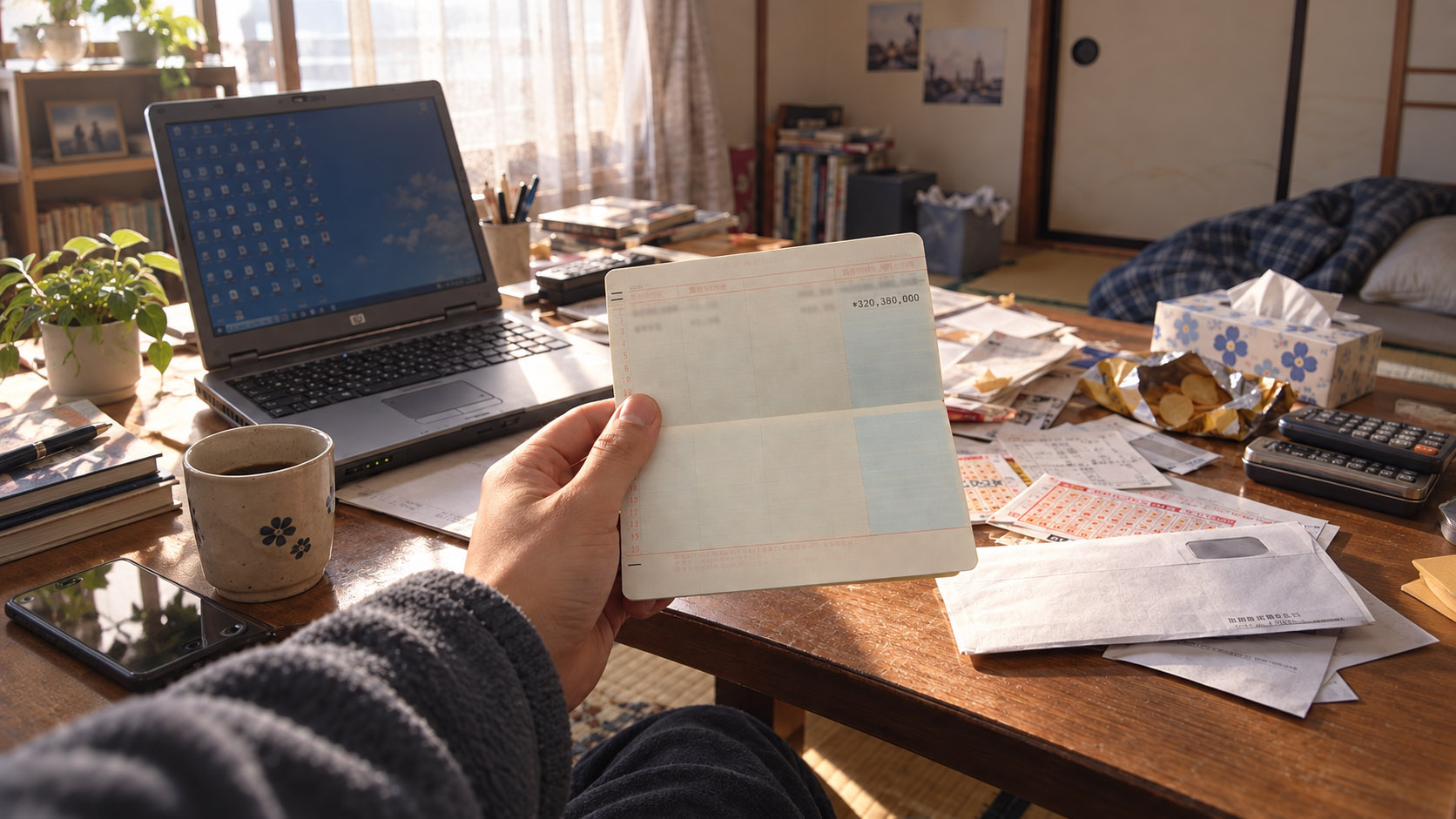大きな当選金の入金を確認する通帳と当時の部屋をイメージした写真